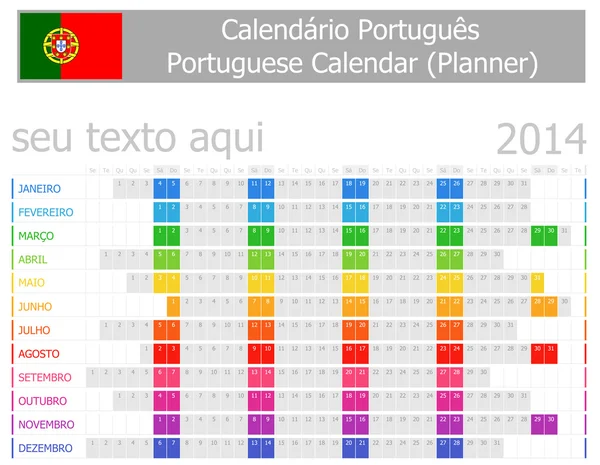 Ημερολόγιο για το σχεδιασμό Πορτογαλικά 2014 με μήνες οριζόντια — Διανυσματικό Αρχείο