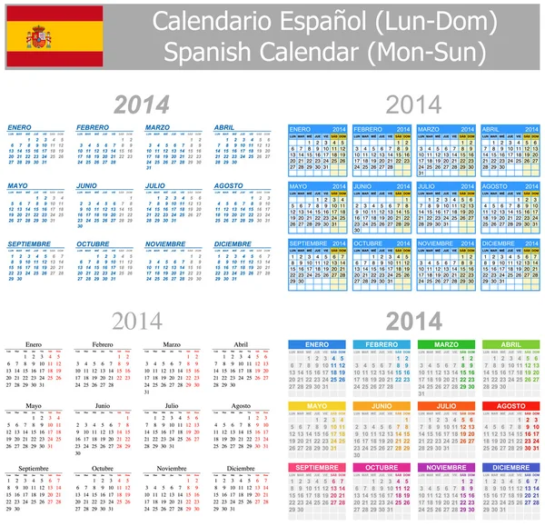 Spanish Mix Calendar Mon-Sun 2014 — стоковый вектор