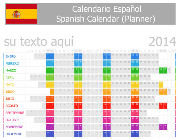 Календарь испанских планировщиков на 2014 год с горизонтальными месяцами
