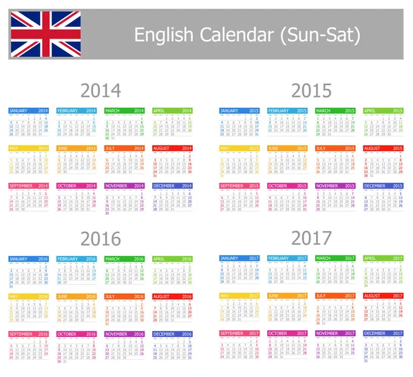 2014-2017 type-1 anglický kalendář slunce sat — Stockový vektor