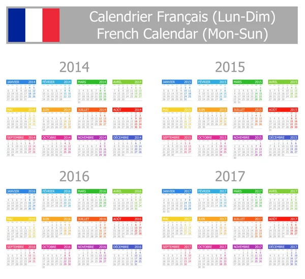 2014-2017 Type-1 French Calendar Mon-Sun — Stock Vector