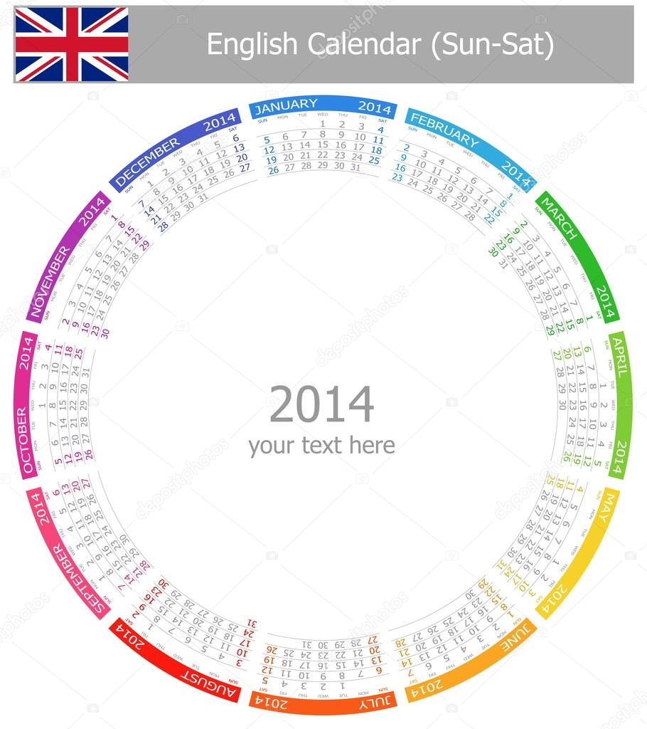 2014 English Circle Calendar Sun-Sat