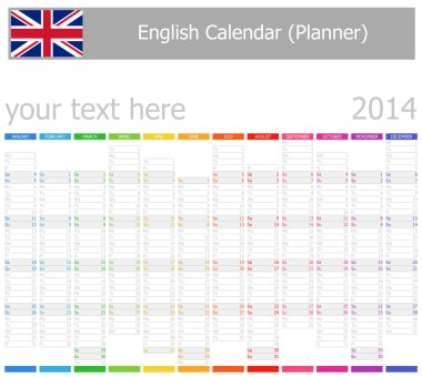2014 İngilizce planlayıcısı-2 takvim ile dikey ay