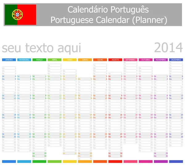 Pianificatore portoghese 2014-2 Calendario Mesi Verticali — Vettoriale Stock