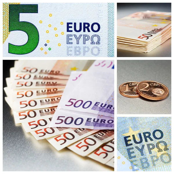 Verschillende eurobankbiljetten en munten in euro cent — Stockfoto