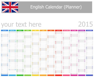 2015 İngilizce planlayıcısı takvim ile dikey ay