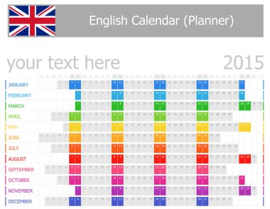 2015 İngilizce planlayıcısı takvim ile yatay ay