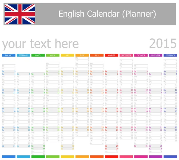 2015 English Planner-2 Calendario con Mesi Verticali — Vettoriale Stock
