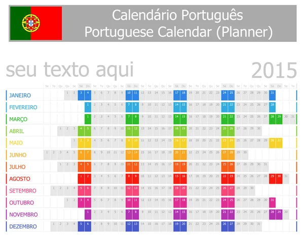 Calendario Planner portoghese 2015 con Mesi Orizzontali — Vettoriale Stock