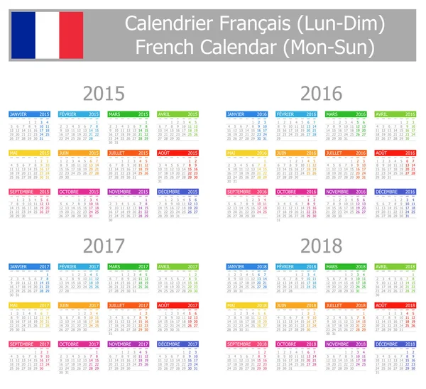 2015-2018 Tipo-1 Calendario Francés Lun-Dom — Archivo Imágenes Vectoriales