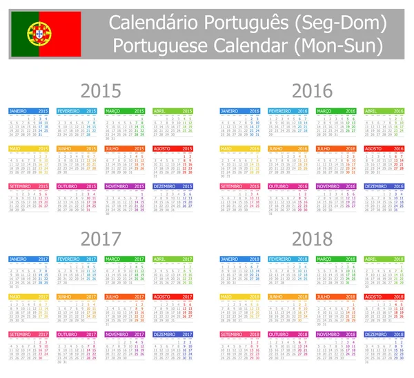 2015-2018 Calendário Português Tipo 1 Seg-Dom — Vetor de Stock
