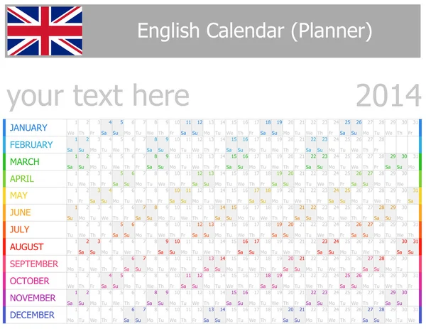 2014 anglais planificateur-2 calendrier avec mois horizontales — Stockový vektor