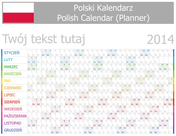 2014 Polish Planner-2 Calendario con Mesi Orizzontali — Vettoriale Stock