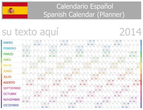 Calendario 2014 Spagnolo Planner-2 con Mesi Orizzontali — Vettoriale Stock