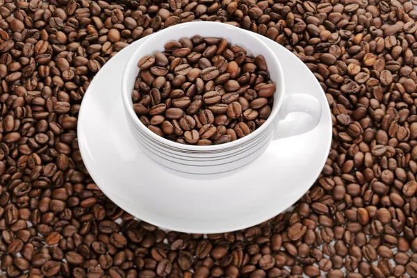 En kopp full av kaffebönor omgiven av kaffebönor — Stockfoto