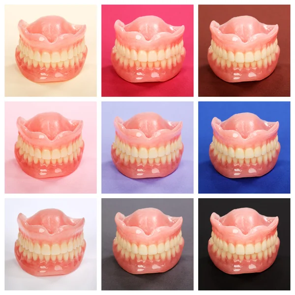 Compilação de dentaduras em fundos coloridos — Fotografia de Stock