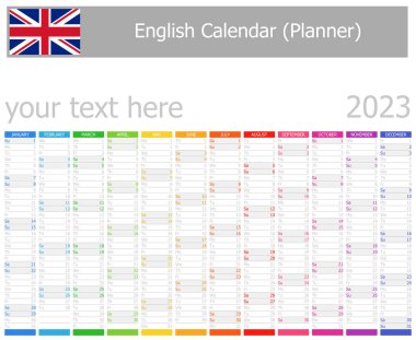 2023 English Planner Calendar with Vertical Months on white background