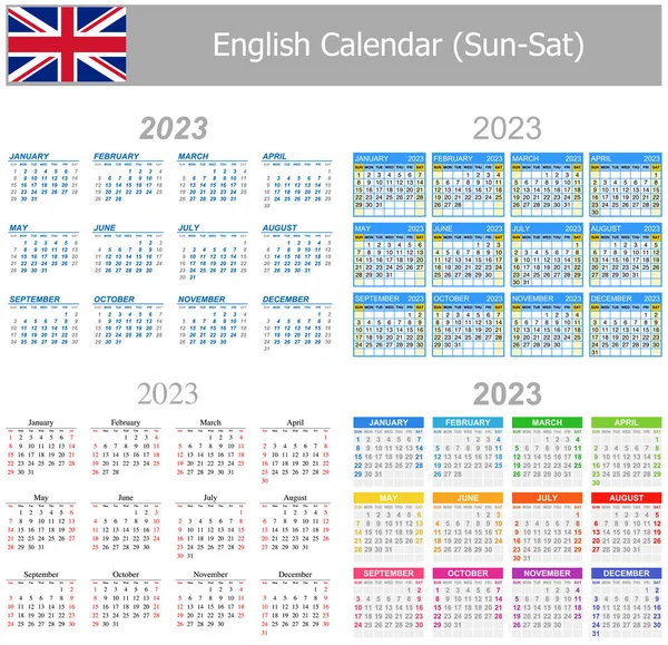 2023 English Mix Calendar Sun Sat White Background — Archivo Imágenes Vectoriales