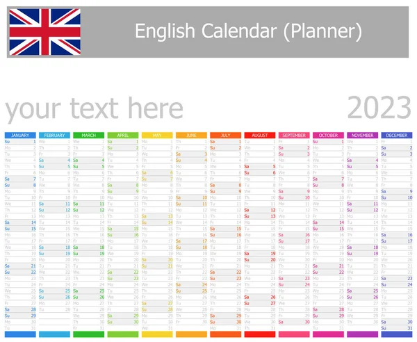 2023 English Planner Calendar Vertical Months White Background — ストックベクタ