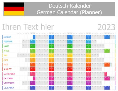 2023 German Planner Calendar with Horizontal Months on white background