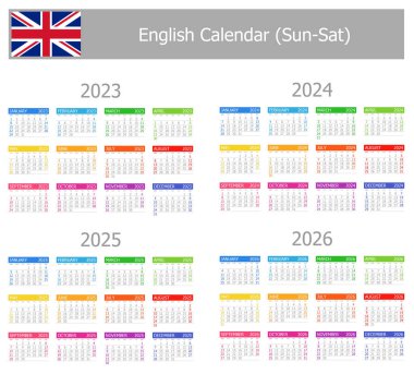 2023-2026 English Type-1 Calendar Sun-Sat on white background