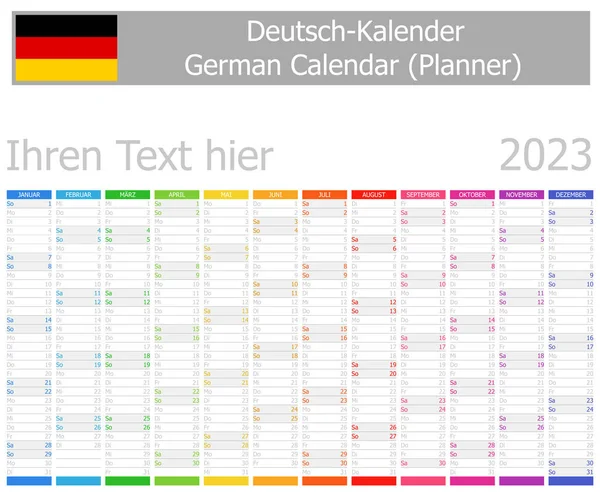 2023 German Planner Calendar Vertical Months White Background — Image vectorielle