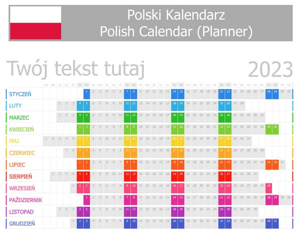 2023 Πολωνικό Ημερολόγιο Planner Οριζόντια Μήνες Λευκό Φόντο — Διανυσματικό Αρχείο