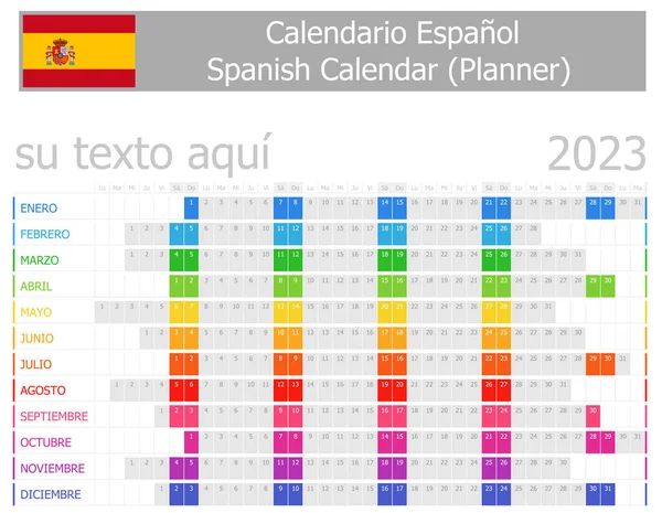 2023 Spanish Planner Calendar Horizontal Months White Background —  Vetores de Stock