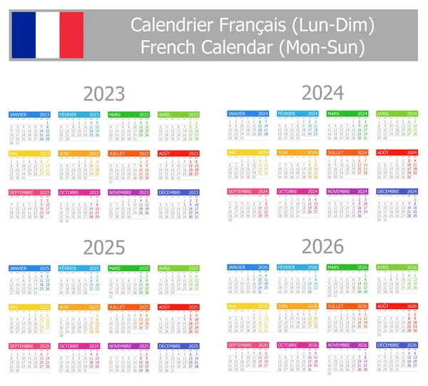 2023 2026 French Type Calendar Mon Sun White Background — Vettoriale Stock