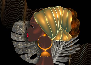 Afro saç stili, balmumu desenli kumaş sarıklı güzel bir Afrikalı kadın, çeşitlilik konsepti. Siyah Kraliçe, saç örgüleri ve kıvırcık saçlar için etnik baş kravatı. Vektör izole edilmiş siyah arkaplan