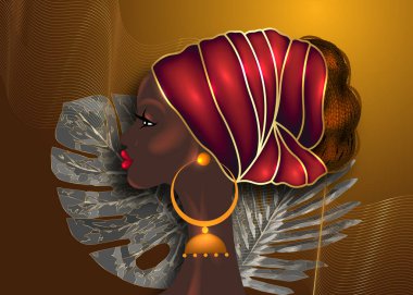 Afro saç stili, balmumu desenli kırmızı türbanlı güzel bir Afrikalı kadın, çeşitlilik konsepti. Siyah Kraliçe, saç örgüleri ve kıvırcık saçlar için etnik baş kravatı. Kahverengi arkaplanda izole edilmiş vektör