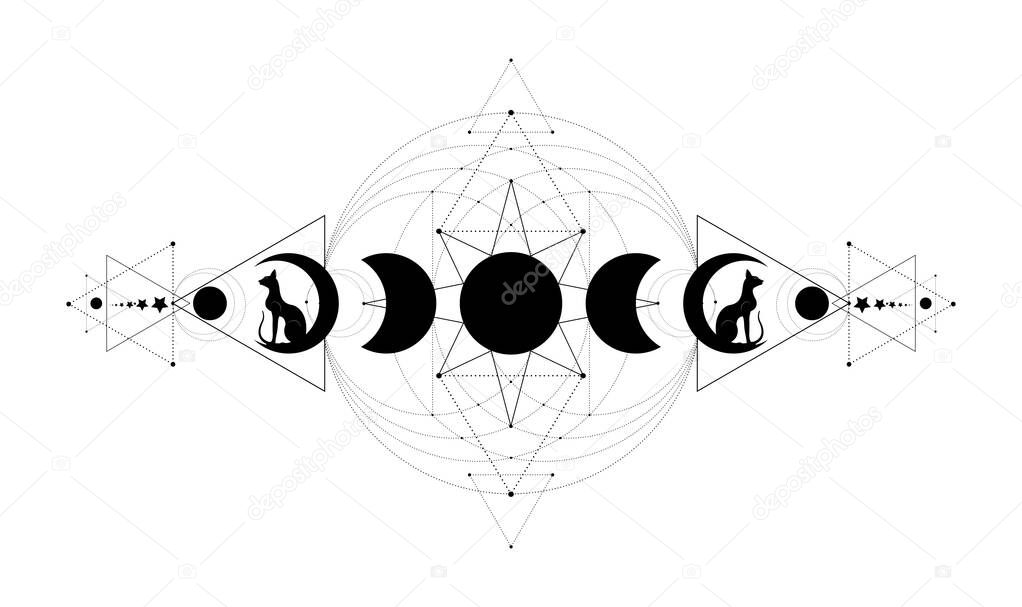 Mystical Moon Phases, Sacred geometry. Triple moon and black cats, pagan Wiccan goddess symbol, silhouette wicca banner sign, energy circle, the wheel of the year concept, vector isolated on white 