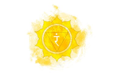Manipura 'nın üçüncü çakrası, suluboya tarzında solar pleksus çakra logosu. Sarı mandala. Beyaz arkaplanda izole edilmiş ruhani meditasyon element vektör çizimi 