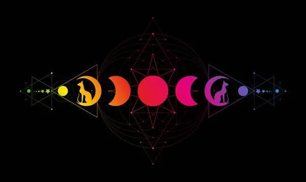 Fases Místicas Lua Geometria Sagrada Lua Tripla Gatos Pretos Espectro — Vetor de Stock