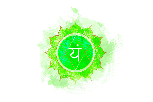 Fourth chakra of Anahata, heart chakra logo template in watercolor style. Green mandala. Hindu Sanskrit seed mantra Vam. Symbol for meditation, yoga. Vector isolated on white background