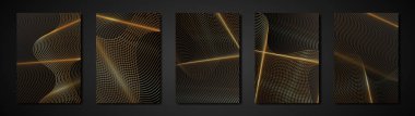 Siyah kartları soyut altın oyma dokusuyla ayarlayın. Dalgalı bir arka plan. Lüks Davetiye ya da kapak tasarımı şablonu, dalgalı altın çizgiler ve kopyalama alanı. Vektör illüstrasyonu