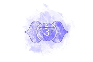 Ajna 'nın altıncı çakrası, Üçüncü Göz Çakra logosu suluboya stilinde. Mor mandala. Sacral işaret meditasyonu, yoga simgesi, beyaz arkaplanda izole edilmiş vektör