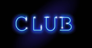 Kulüp Neon İşaret Vektörü. Gece kulübü mavi neon tasarım şablonu, açık afiş, koyu mavi parlak gece reklamı, açık yazı. Vektör illüstrasyonu siyah arkaplanda izole edildi 