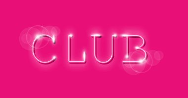 Kulüp Neon İşaret Vektörü. Gece kulübü beyaz neon tasarım şablonu, hafif afiş, parlak reklam, göz kamaştırıcı ışık yazıları. Moda pembe arka planda izole edilmiş vektör illüstrasyonu 