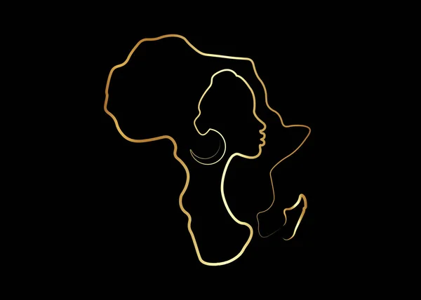 Altın Çizgili Siyah Afrikalı Kadın Afro Kadın Afrika Kıta Haritasının — Stok Vektör