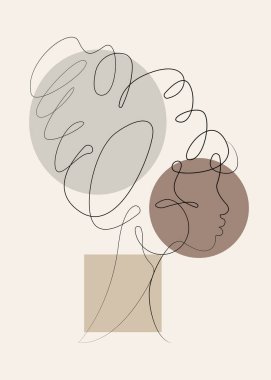 Soyut kadın portresinin zarif bir çizimi. Kadın saç stili Minimalist Çizgi Tarzı. Kozmetik için Moda Çizimi. Devamlılık Çizgisi Sanatı. Moda Asgari Baskı. Güzellik Logosu. Vektör