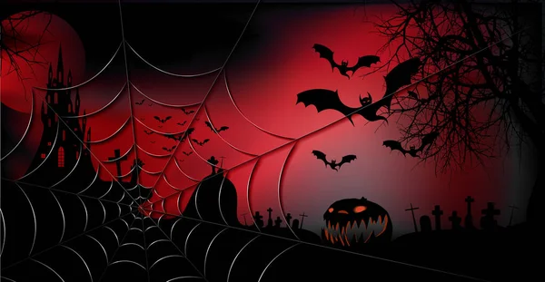 万圣节派对横幅 恐怖的深红色背景 带有哥特式鬼屋的人物形象和可怕蝙蝠的轮廓 恐怖主题概念 金色蜘蛛网和黑暗墓地 矢量模板 — 图库矢量图片