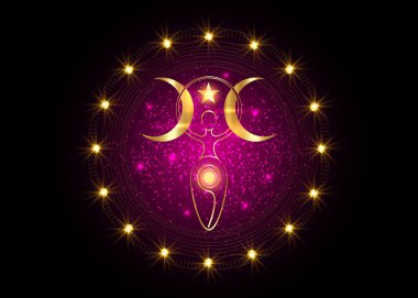 Altın spiral doğurganlık tanrıçası ve üçlü ay cadısı. Yaşam, ölüm ve yeniden doğuşun spiral döngüsü. Mor arka planda izole edilmiş cinsel üreme vektörünün ana sembolü Altın Kadın cadı. 