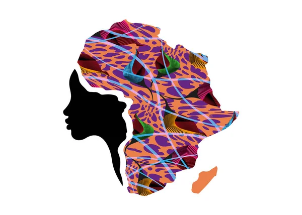 非洲女性的概念 脸型轮廓轮廓与头巾形成了一张非洲地图 色彩斑斓的非洲印花面料 部落标志设计模板 白色背景上孤立的矢量图解 — 图库矢量图片