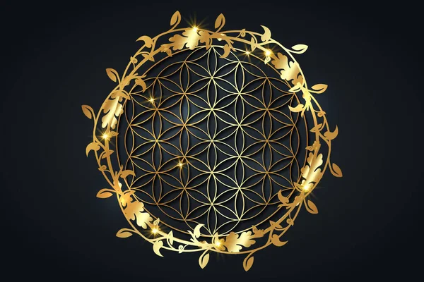 Fleur Vie Mandala Spirituel Doré Géométrie Sacrée Symbole Doré Lumineux — Image vectorielle