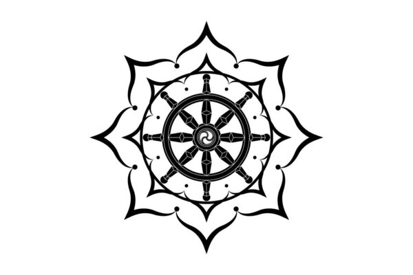 Dharma wheel logo icon. Buddhism sacred lotus flower symbol. Dharmachakra, eight petals. Vector illustration isolated on white background 
