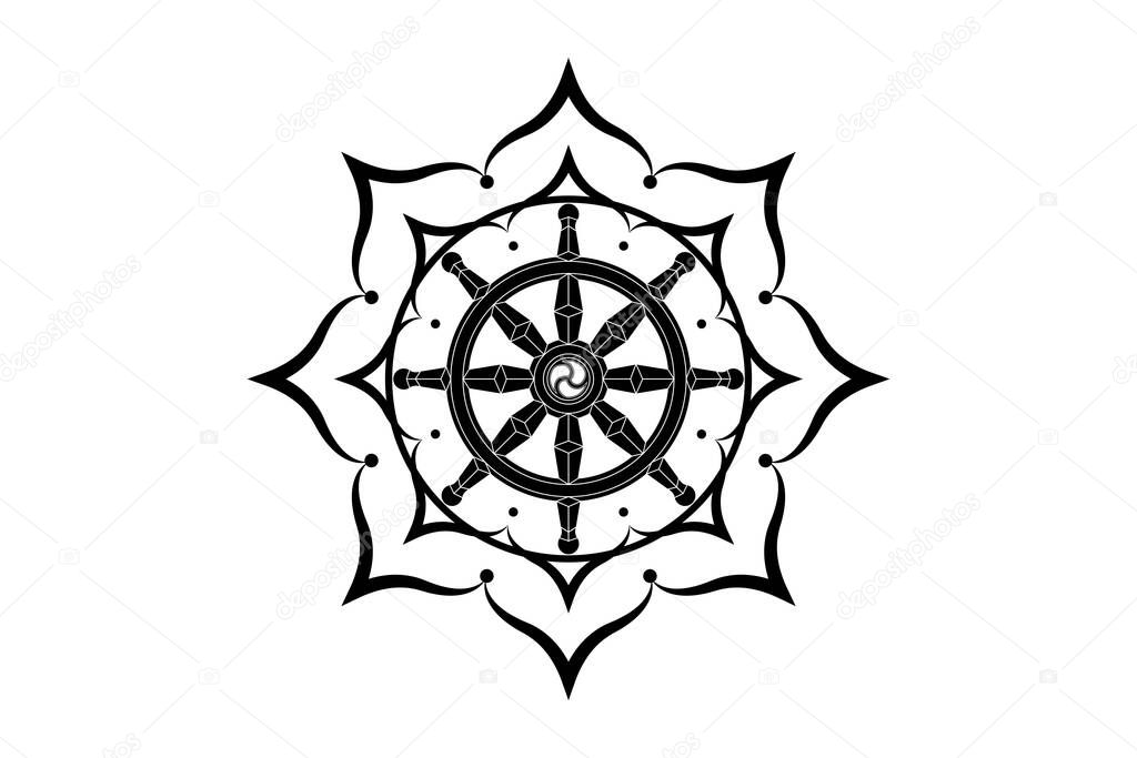 Dharma wheel logo icon. Buddhism sacred lotus flower symbol. Dharmachakra, eight petals. Vector illustration isolated on white background 