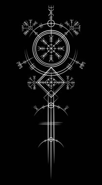 Sihirli antik Viking sanat deco, Vegvisir sihirli navigasyon eski pusula. Vikingler, Viking toplumunda yaygın olarak kullanılan İskandinav mitolojisine göre birçok sembol kullandılar. Logo simgesi Wiccan ezoterik işareti