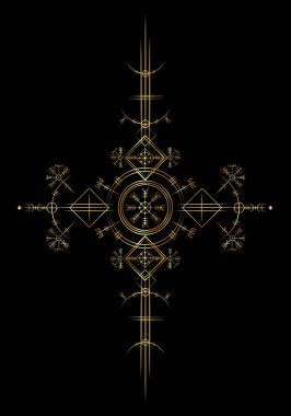 Sihirli antik Viking sanat deco, Altın Vegvisir navigasyon eski pusula. Vikingler, Viking toplumunda yaygın olarak kullanılan İskandinav mitolojisine göre birçok sembol kullandılar. Logo simgesi Wiccan ezoterik işareti