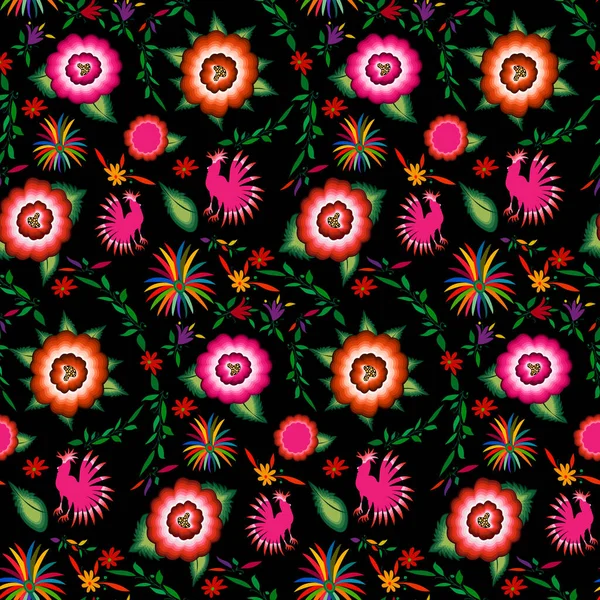Motif Broderie Floral Mexicain Sans Couture Design Mode Folklorique Fleurs — Image vectorielle